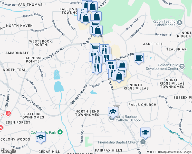 map of restaurants, bars, coffee shops, grocery stores, and more near 832 Springfield Commons Drive in Raleigh