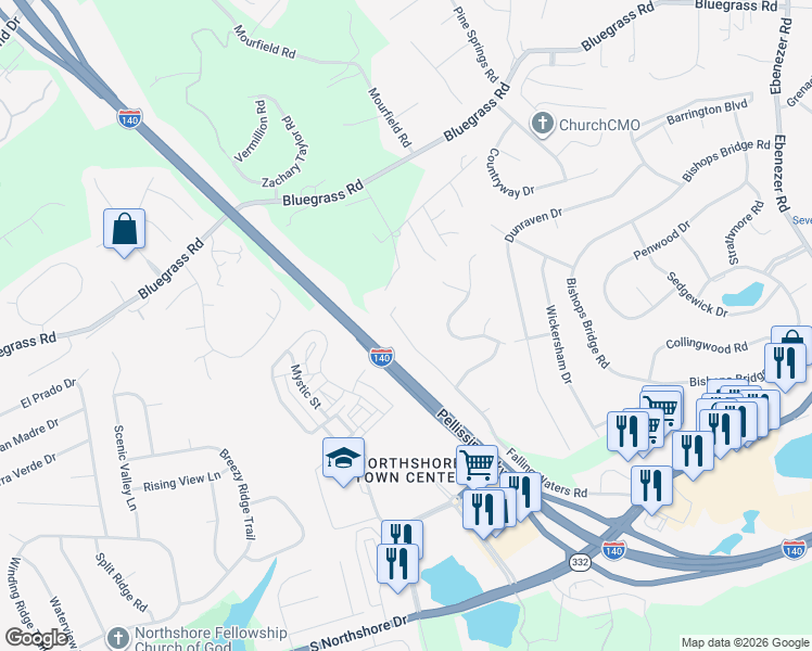 map of restaurants, bars, coffee shops, grocery stores, and more near 1814 Falling Waters Road in Knoxville