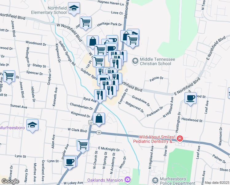 map of restaurants, bars, coffee shops, grocery stores, and more near 1660 Memorial Boulevard in Murfreesboro