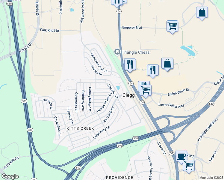 map of restaurants, bars, coffee shops, grocery stores, and more near Historic Circle in Morrisville