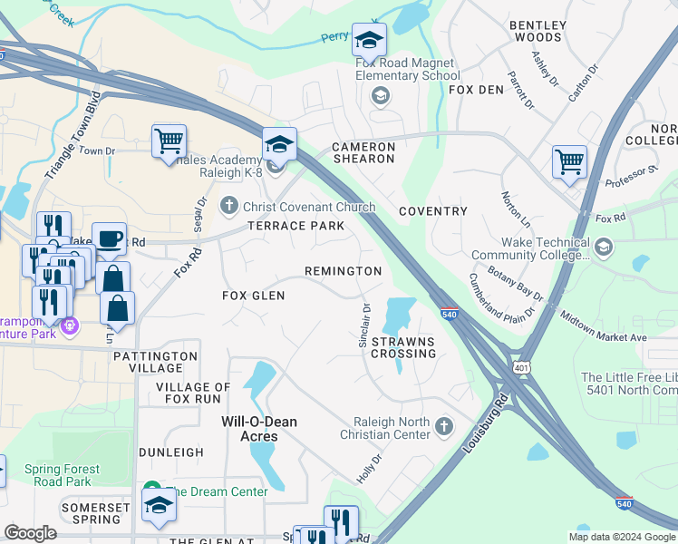 map of restaurants, bars, coffee shops, grocery stores, and more near 6212 Brielson Place in Raleigh