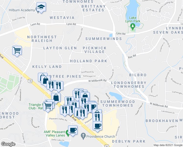 map of restaurants, bars, coffee shops, grocery stores, and more near 6307 Daystar Lane in Raleigh