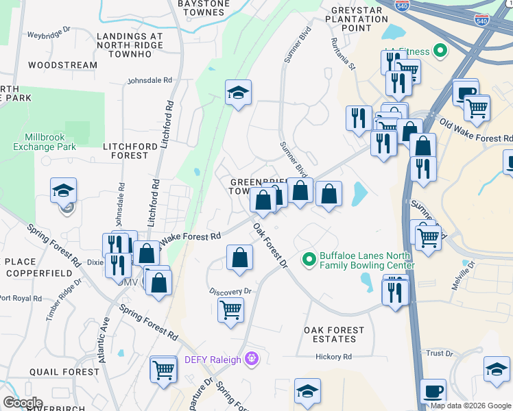 map of restaurants, bars, coffee shops, grocery stores, and more near 6622 Morgantown Street in Raleigh