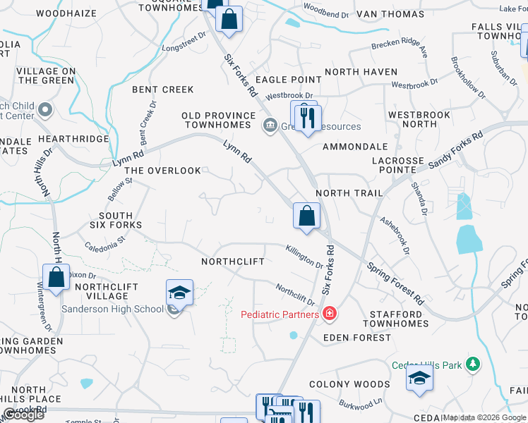 map of restaurants, bars, coffee shops, grocery stores, and more near 6111 Lynnridge Lane in Raleigh