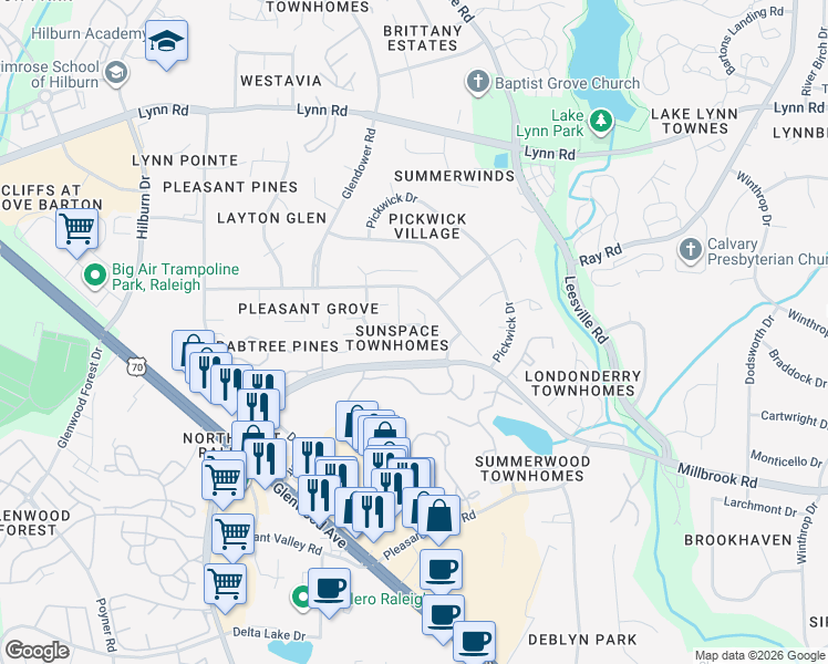 map of restaurants, bars, coffee shops, grocery stores, and more near 6307 Daystar Lane in Raleigh