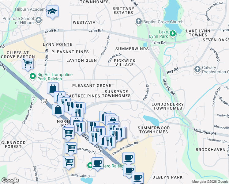 map of restaurants, bars, coffee shops, grocery stores, and more near 4300 Sunburst Court in Raleigh