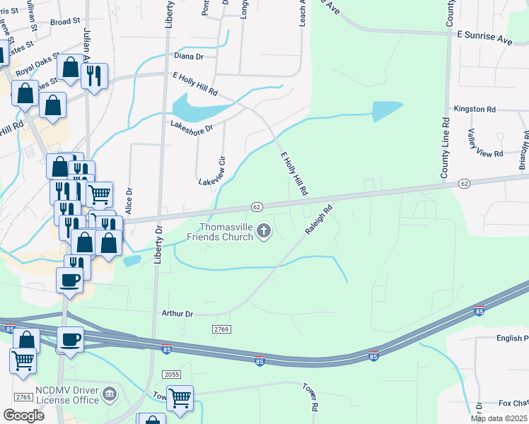 map of restaurants, bars, coffee shops, grocery stores, and more near 216 Buckingham Lane in Thomasville