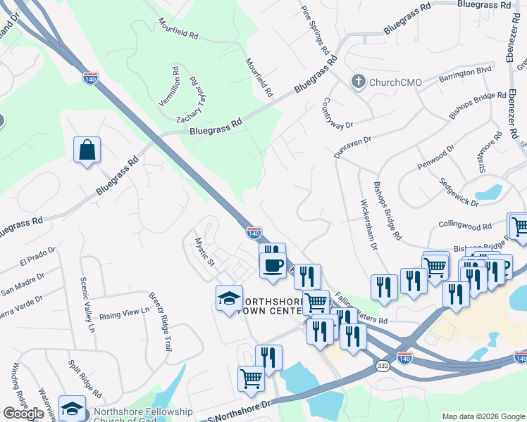 map of restaurants, bars, coffee shops, grocery stores, and more near 1814 Falling Waters Road in Knoxville