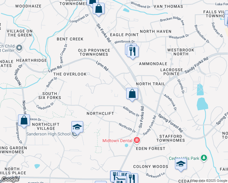 map of restaurants, bars, coffee shops, grocery stores, and more near 120 Ridgewood Drive in Raleigh