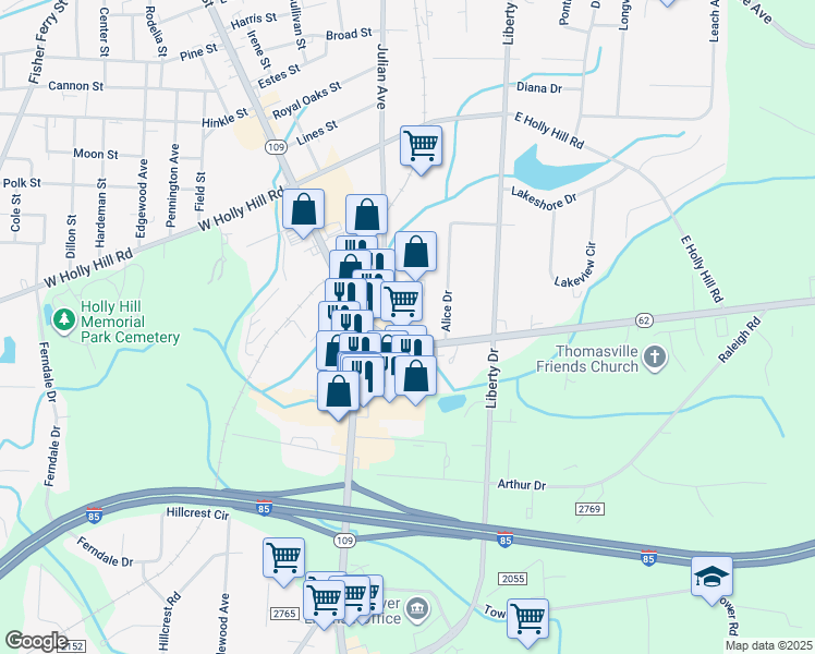 map of restaurants, bars, coffee shops, grocery stores, and more near 13 Cloniger Drive in Thomasville