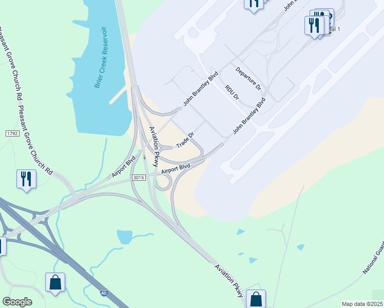 map of restaurants, bars, coffee shops, grocery stores, and more near 1000 Trade Court in Morrisville