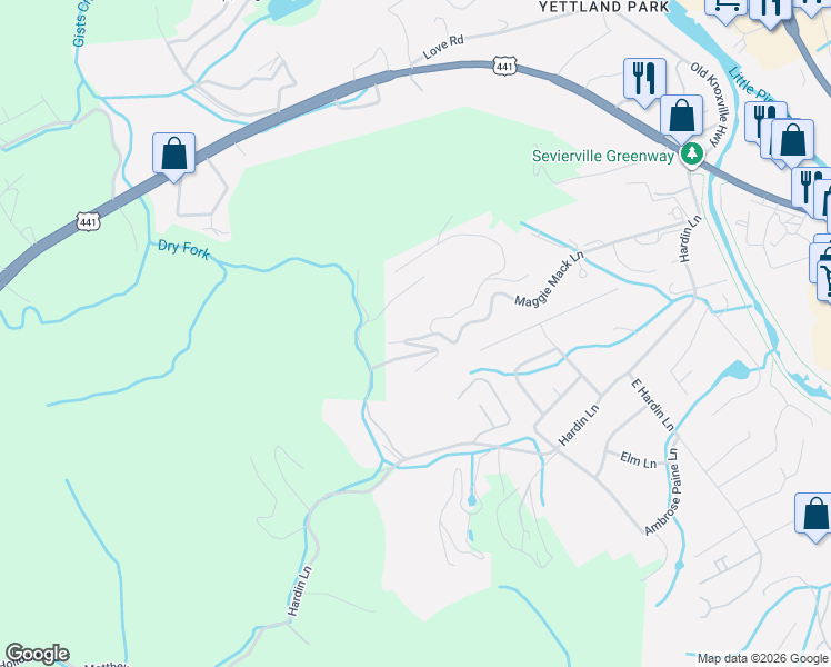 map of restaurants, bars, coffee shops, grocery stores, and more near 810 Cabin Creek Way in Sevierville