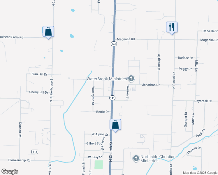 map of restaurants, bars, coffee shops, grocery stores, and more near 2215 North Church Street in Jonesboro