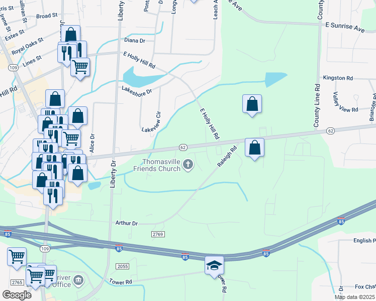 map of restaurants, bars, coffee shops, grocery stores, and more near 216 Buckingham Lane in Thomasville