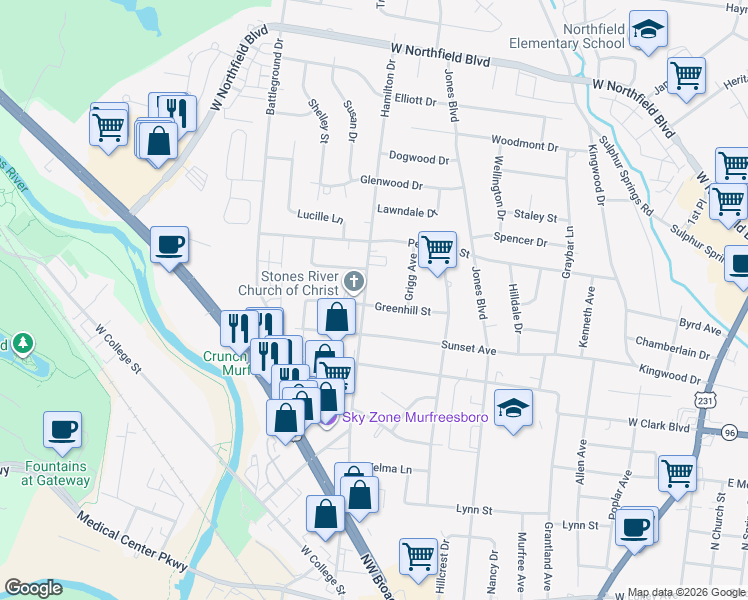 map of restaurants, bars, coffee shops, grocery stores, and more near 1014 Greenhill Street in Murfreesboro