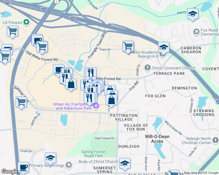 map of restaurants, bars, coffee shops, grocery stores, and more near 7900 Old Wake Forest Road in Raleigh