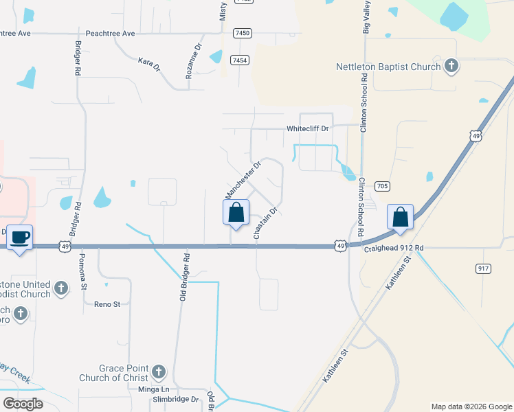 map of restaurants, bars, coffee shops, grocery stores, and more near 2105 Sheffield Drive in Jonesboro