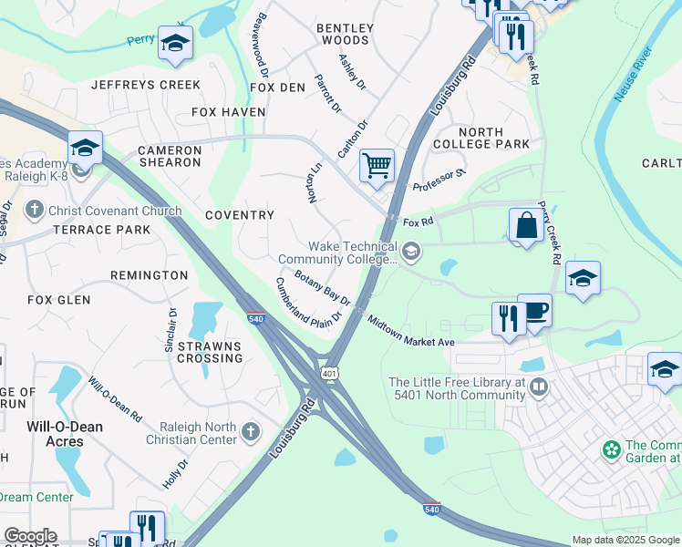 map of restaurants, bars, coffee shops, grocery stores, and more near 6912 Norton Lane in Raleigh