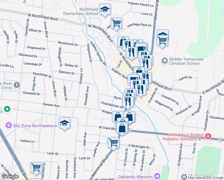 map of restaurants, bars, coffee shops, grocery stores, and more near 310 Byrd Avenue in Murfreesboro