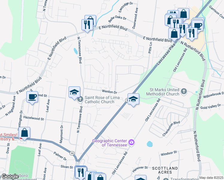 map of restaurants, bars, coffee shops, grocery stores, and more near 1311 Wenlon Drive in Murfreesboro