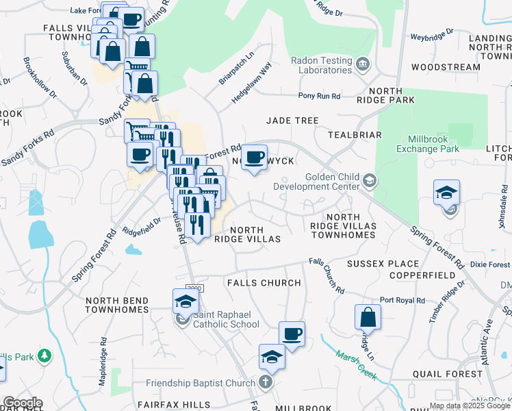 map of restaurants, bars, coffee shops, grocery stores, and more near 6203 Fountainhead Drive in Raleigh