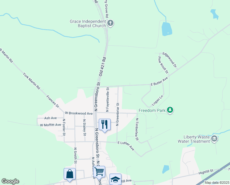 map of restaurants, bars, coffee shops, grocery stores, and more near 813 North Greenbriar Street in Liberty