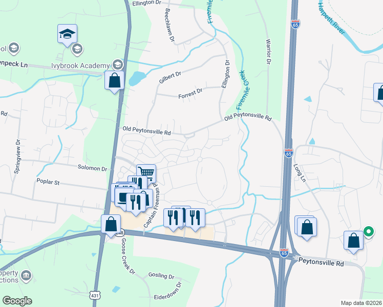 map of restaurants, bars, coffee shops, grocery stores, and more near 1023 General Martin Lane in Franklin