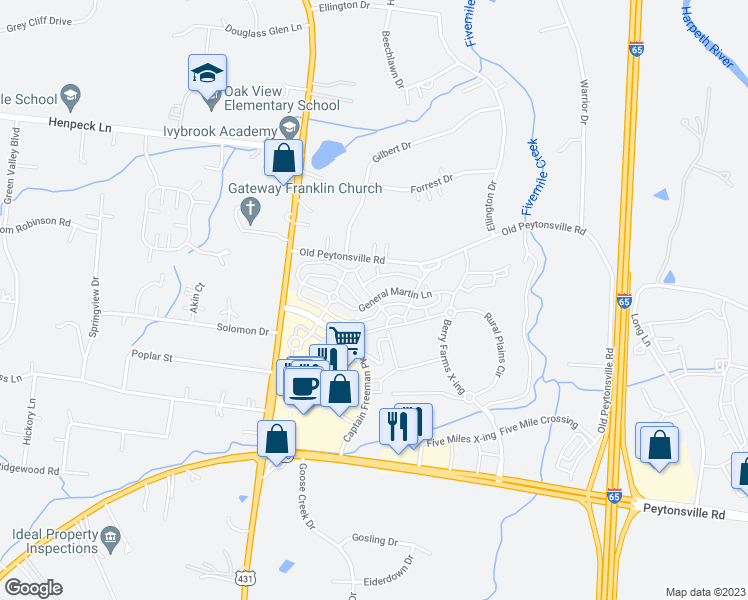 map of restaurants, bars, coffee shops, grocery stores, and more near Henry Russell Street in Franklin