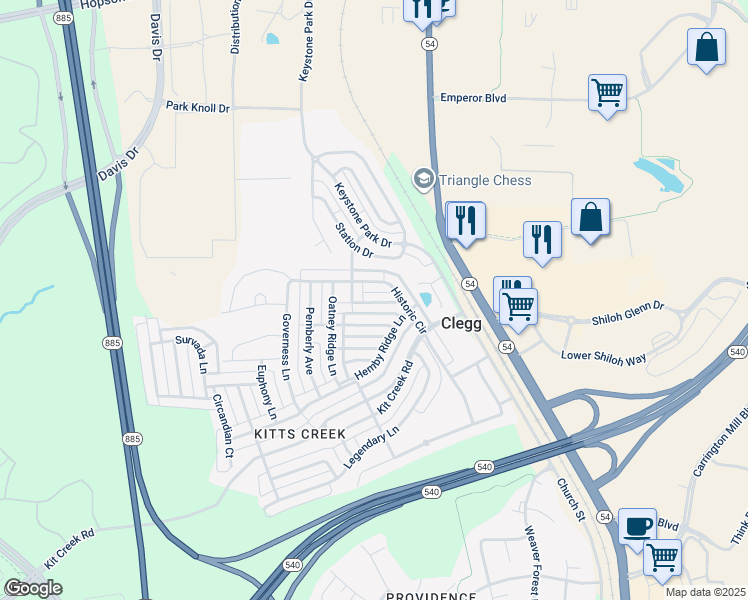 map of restaurants, bars, coffee shops, grocery stores, and more near 1040 Semora Lane in Morrisville