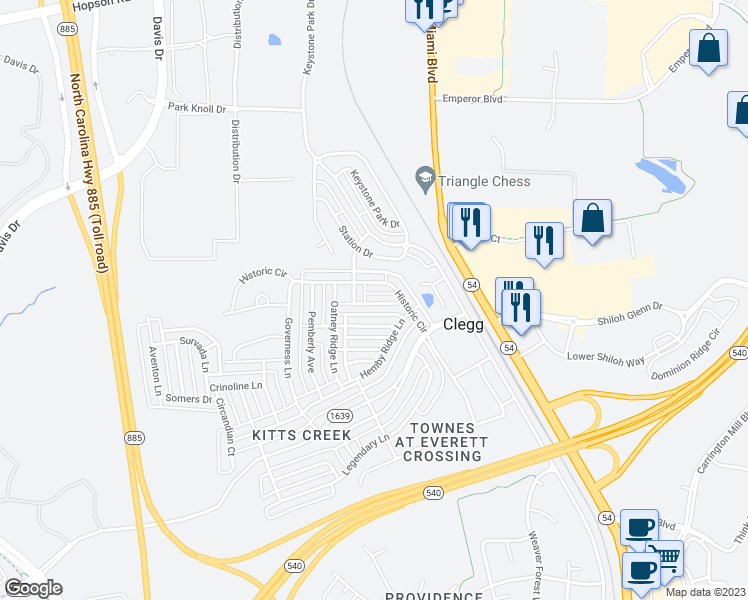 map of restaurants, bars, coffee shops, grocery stores, and more near 1044 Semora Lane in Morrisville