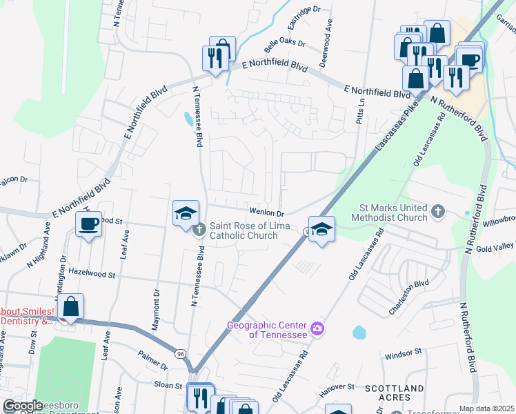 map of restaurants, bars, coffee shops, grocery stores, and more near 1311 Wenlon Drive in Murfreesboro
