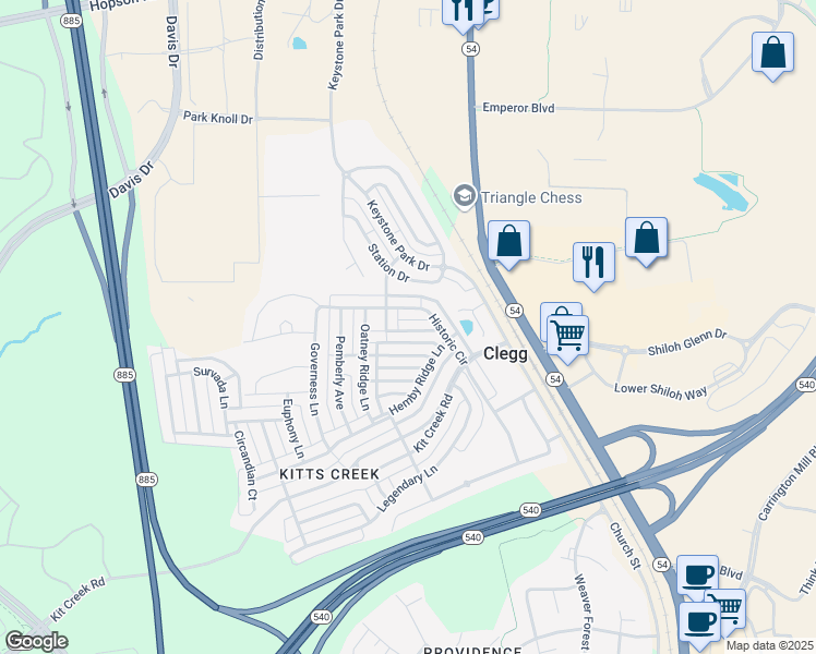 map of restaurants, bars, coffee shops, grocery stores, and more near 1044 Semora Lane in Morrisville