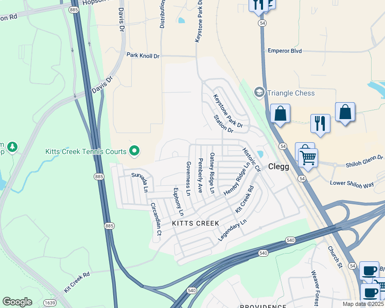 map of restaurants, bars, coffee shops, grocery stores, and more near 1012 Pemberly Avenue in Morrisville