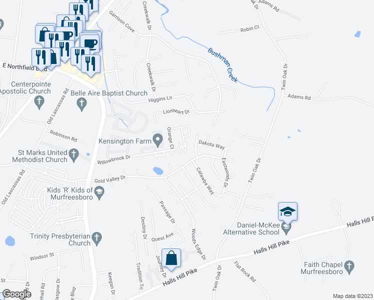 map of restaurants, bars, coffee shops, grocery stores, and more near 1314 Bunny Court in Murfreesboro
