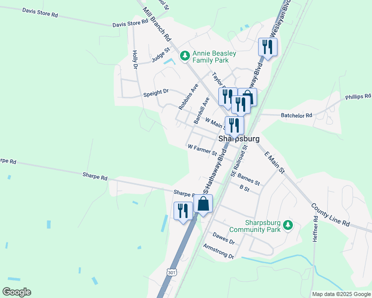 map of restaurants, bars, coffee shops, grocery stores, and more near 415 West Farmer Street in Rocky Mount