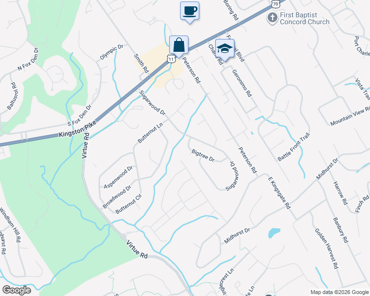 map of restaurants, bars, coffee shops, grocery stores, and more near 305 Bigtree Drive in Knoxville