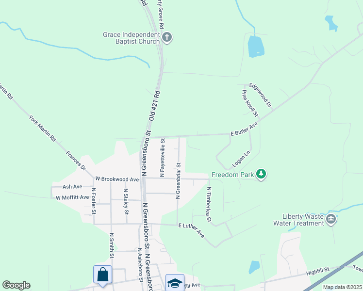 map of restaurants, bars, coffee shops, grocery stores, and more near 813 North Greenbriar Street in Liberty