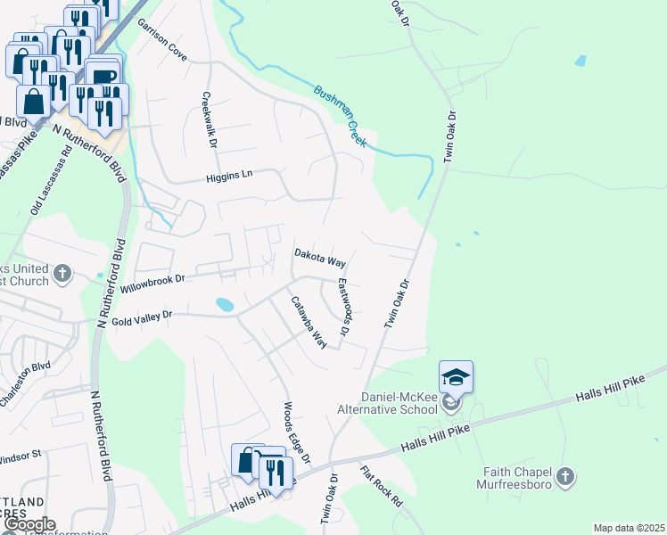 map of restaurants, bars, coffee shops, grocery stores, and more near 2652 Dakota Way in Murfreesboro