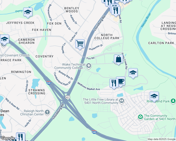 map of restaurants, bars, coffee shops, grocery stores, and more near Success Way in Raleigh