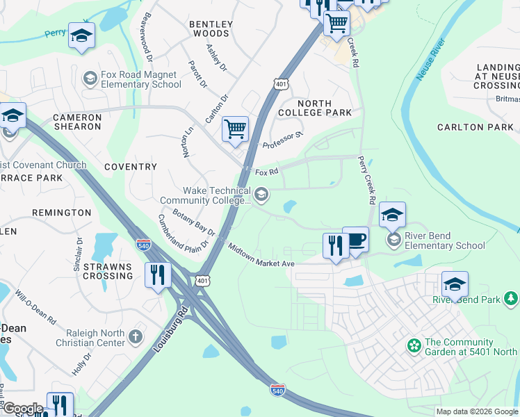 map of restaurants, bars, coffee shops, grocery stores, and more near 6600 Louisburg Road in Raleigh
