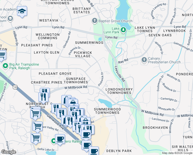 map of restaurants, bars, coffee shops, grocery stores, and more near 4004 Sherlock Court in Raleigh