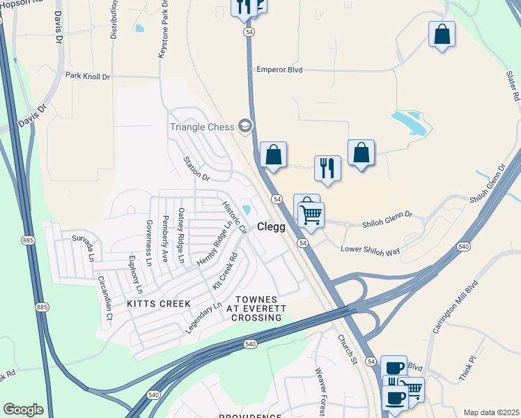 map of restaurants, bars, coffee shops, grocery stores, and more near 1025 Brennan Green Court in Morrisville