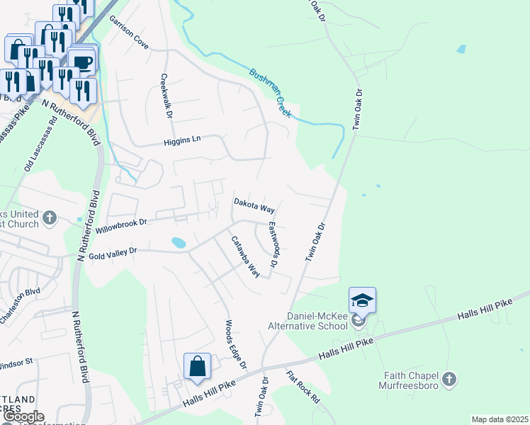map of restaurants, bars, coffee shops, grocery stores, and more near 2652 Dakota Way in Murfreesboro