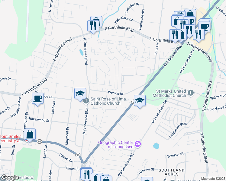 map of restaurants, bars, coffee shops, grocery stores, and more near 1325 Wenlon Drive in Murfreesboro