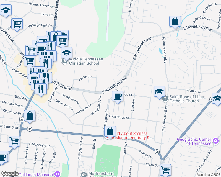 map of restaurants, bars, coffee shops, grocery stores, and more near 606 East Northfield Boulevard in Murfreesboro