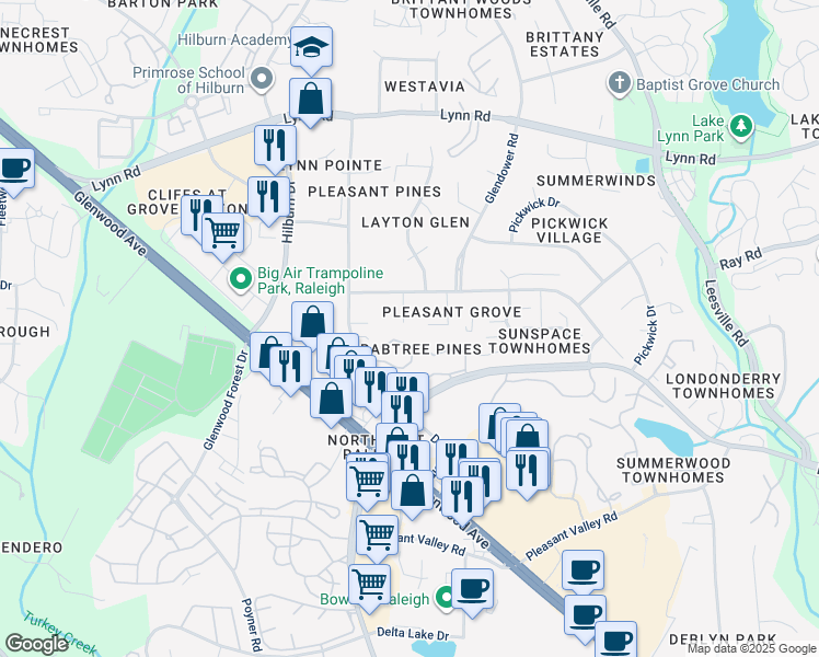 map of restaurants, bars, coffee shops, grocery stores, and more near in Raleigh