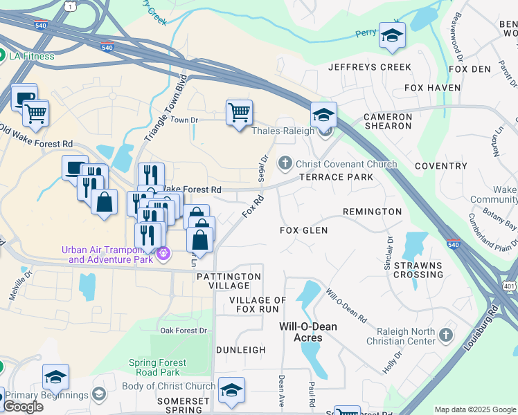 map of restaurants, bars, coffee shops, grocery stores, and more near 6400 Fox Road in Raleigh
