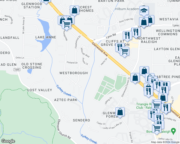 map of restaurants, bars, coffee shops, grocery stores, and more near 7908 Flanagan Place in Raleigh