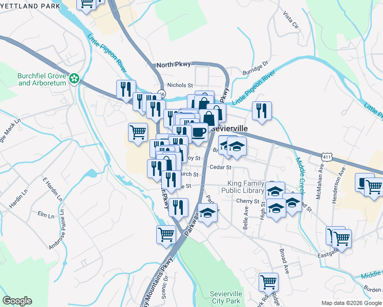 map of restaurants, bars, coffee shops, grocery stores, and more near 118 Joy Street in Sevierville