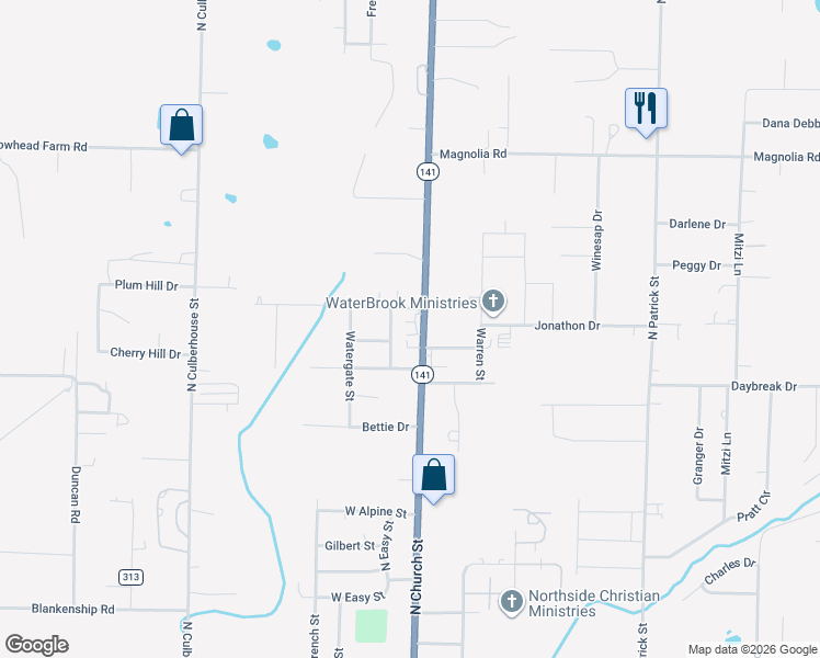 map of restaurants, bars, coffee shops, grocery stores, and more near 2215 North Church Street in Jonesboro